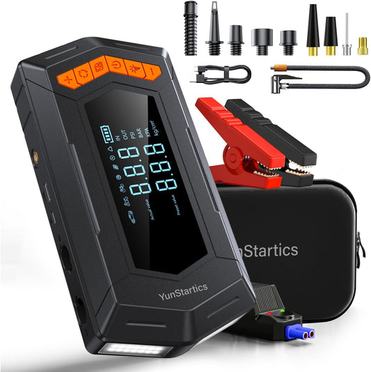 Jump Starter with Air Inflator Deflator Compressor, 4000A Car Battery Jump Starter with Air Compressor Seven in One Jumper Box for 10L Gas 9L Diesel Vehicles with 150PSI Tire Inflator
